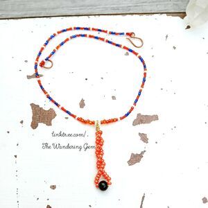 Delicate Dainty Beaded Choker Necklace, Obsidian Pendant, 13.5"